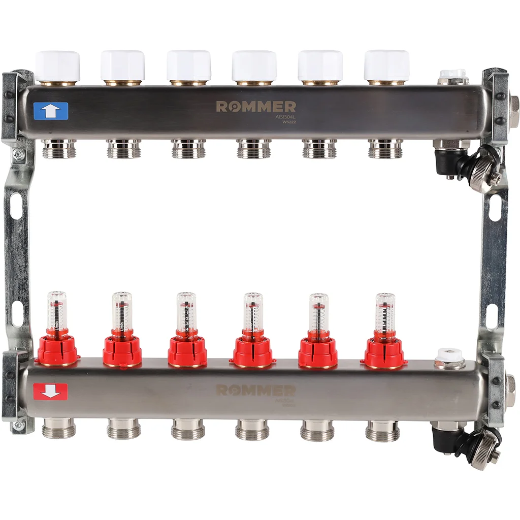 ROMMER RMS-1201-000006 ROMMER Коллектор из нержавеющей стали с расходомерами, с клапаном вып. воздуха и сливом 6 вых. ROMMER RMS-1201-000006 ROMMER Коллектор из нержавеющей стали с расходомерами, с клапаном вып. воздуха и сливом 6 вых.