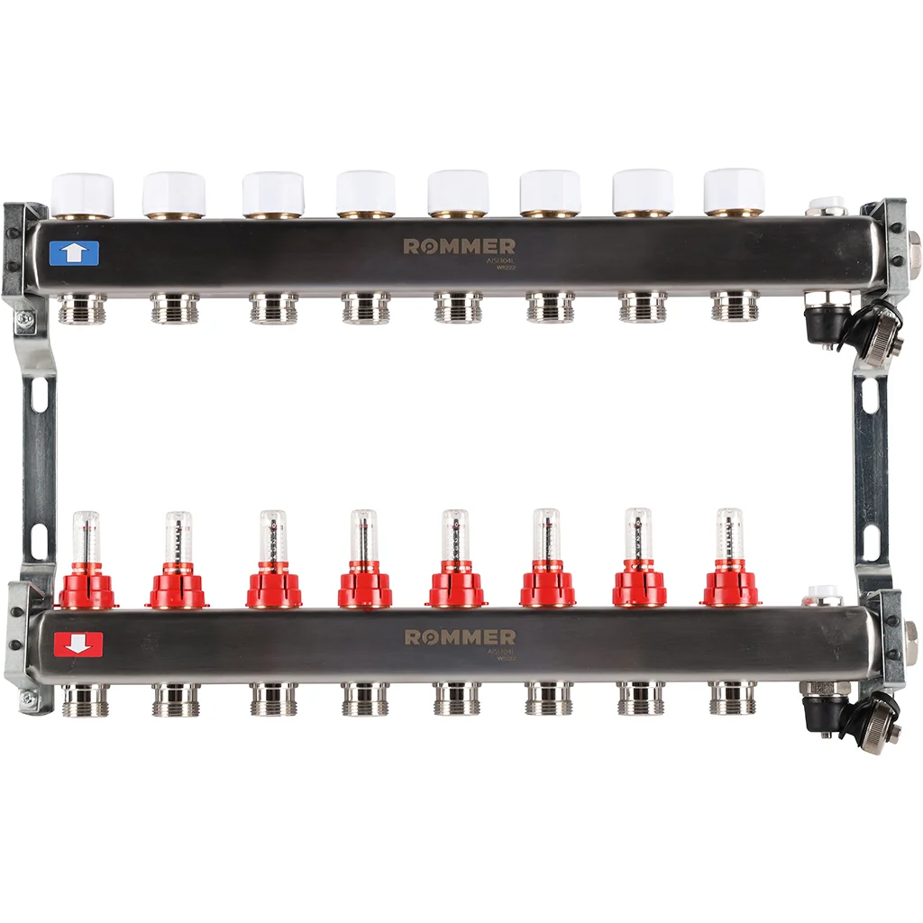 ROMMER RMS-1201-000008 ROMMER Коллектор из нержавеющей стали с расходомерами, с клапаном вып. воздуха и сливом 8 вых. ROMMER RMS-1201-000008 ROMMER Коллектор из нержавеющей стали с расходомерами, с клапаном вып. воздуха и сливом 8 вых.